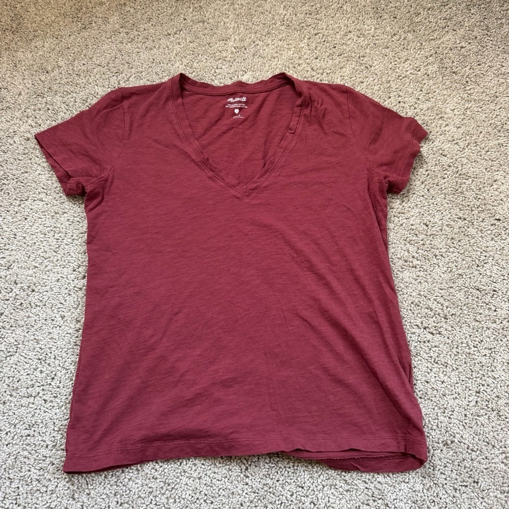 Madewell Burgundy Red V-Neck 100% Cotton Short Sleeve Tee Shirt Size Small